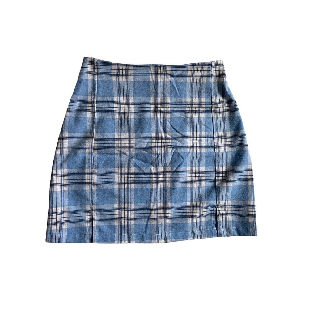 Brandy Melville‎ Womens Cara Plaid Mini Skirt Size S Blue Slits School Preppy